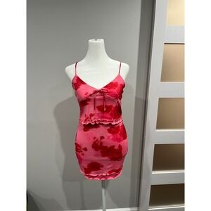 SHEIN Pink Red Floral Mesh Cami‎ Tank Top Skirt Set Ruffle Trim